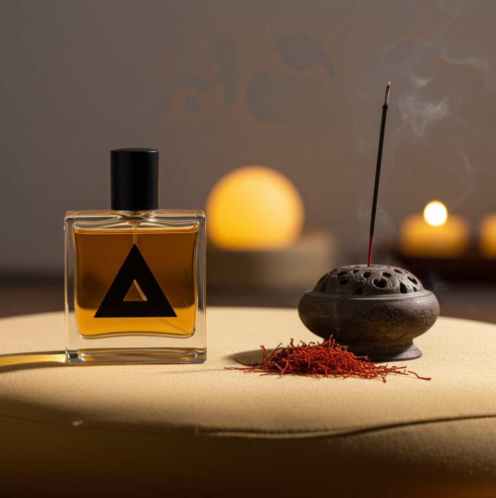 Perfume bottle with a triangular logo next to an incense burner with a smoking stick on a textured surface.
