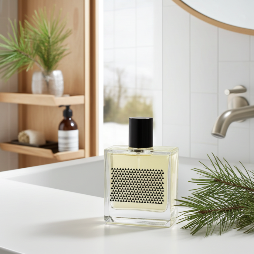 Perfume bottle on a bathroom counter with mirror and plants in the background