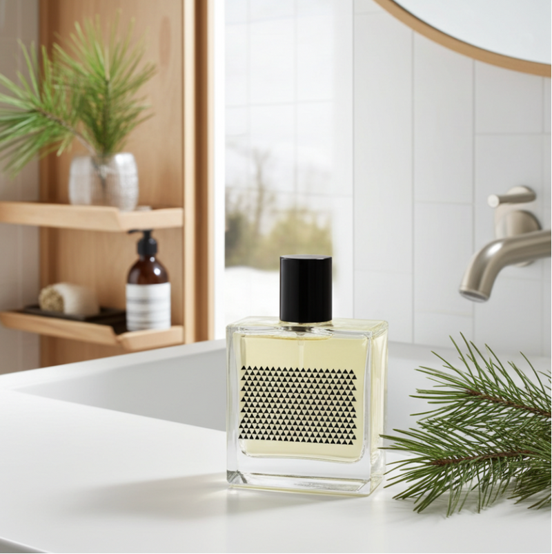 Perfume bottle on a bathroom counter with mirror and plants in the background