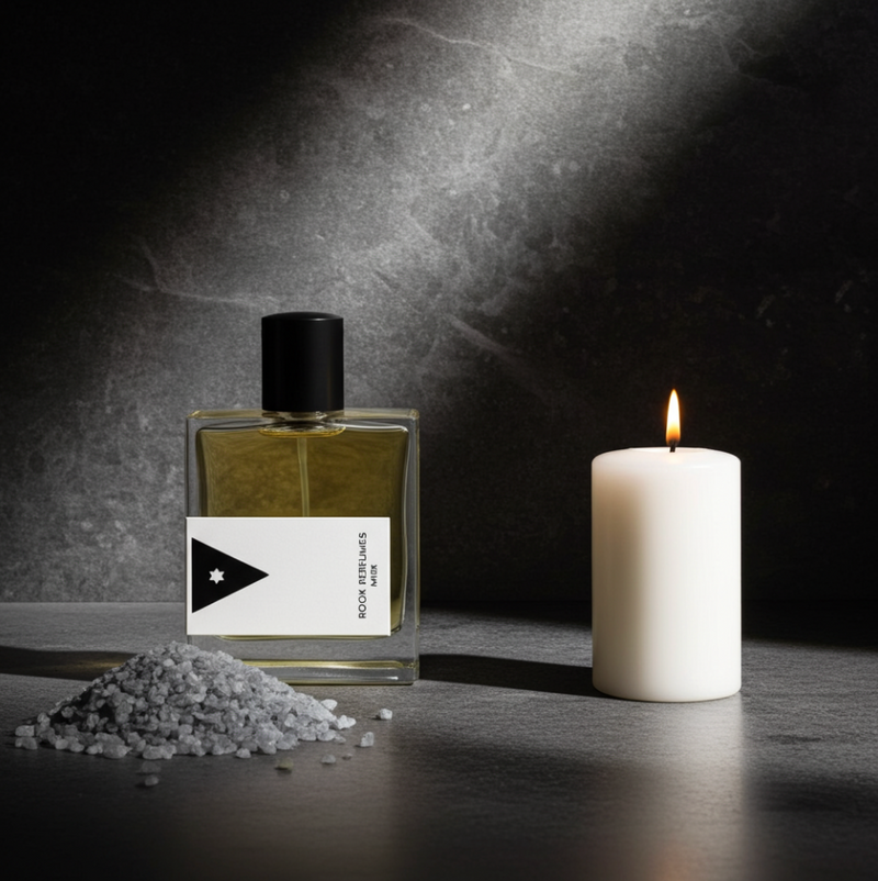 Perfume bottle with a white candle and small pile of crystals on a dark surface