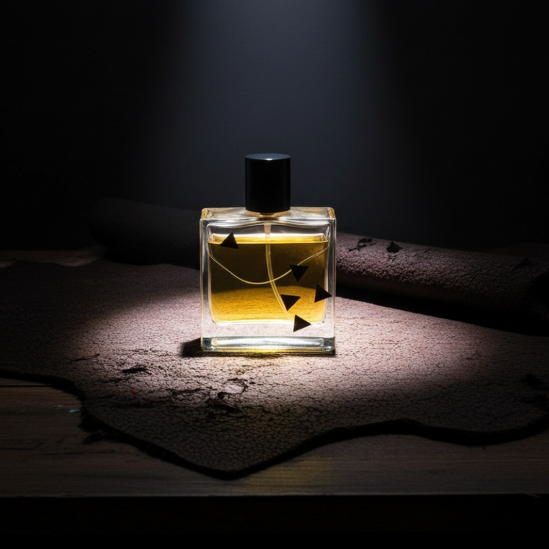 Perfume bottle with a black cap on a textured surface under dramatic lighting