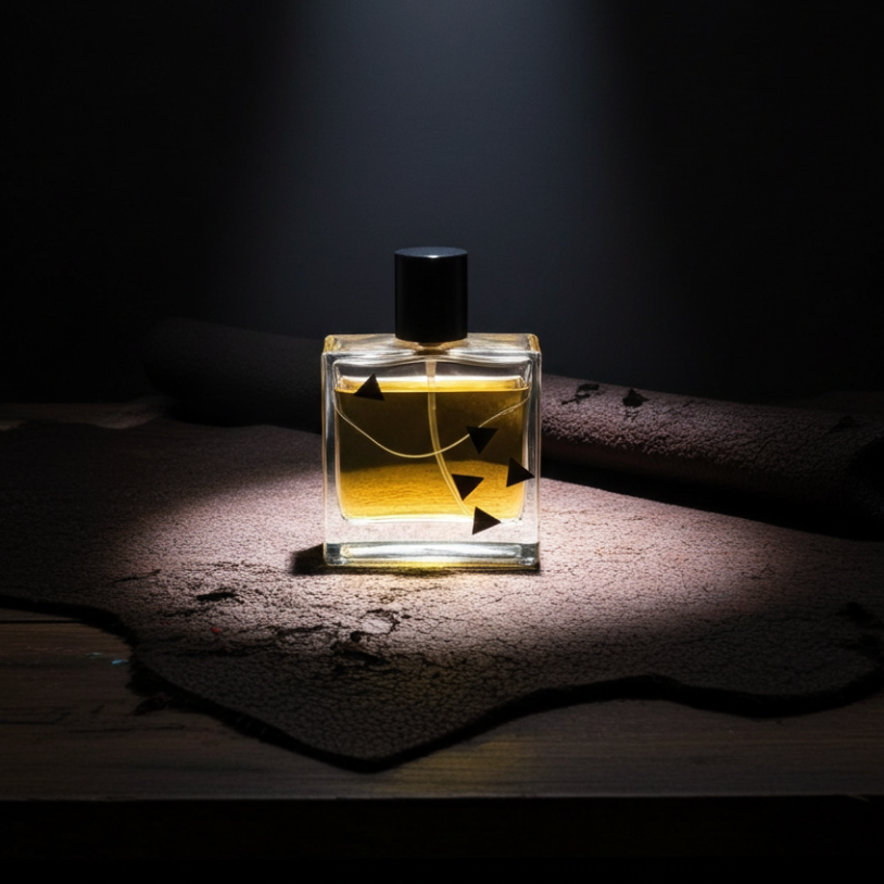 Perfume bottle with a black cap on a textured surface under dramatic lighting