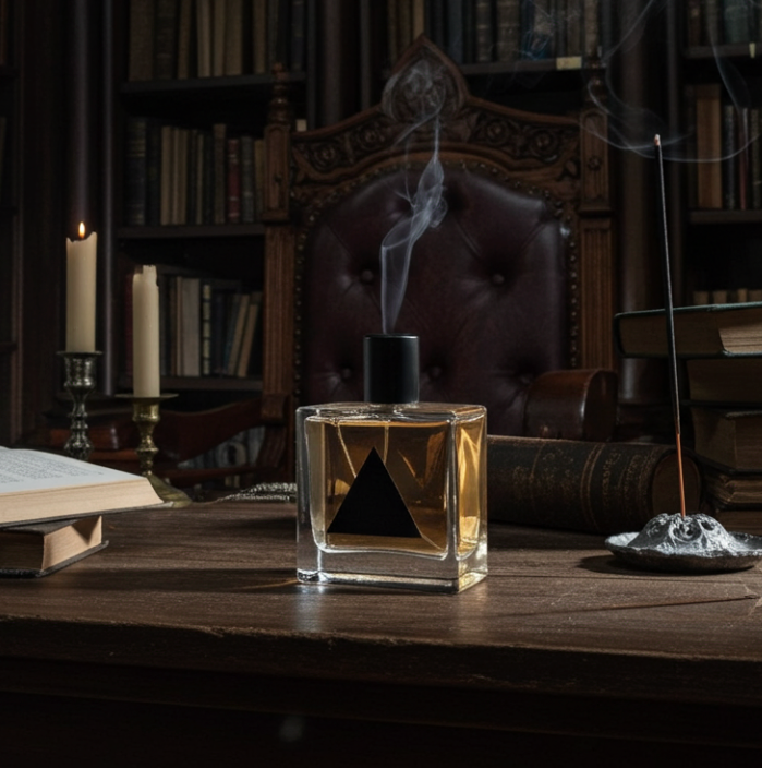 Glass bottle with a triangle design on a wooden table in a dimly lit room with books and candles.