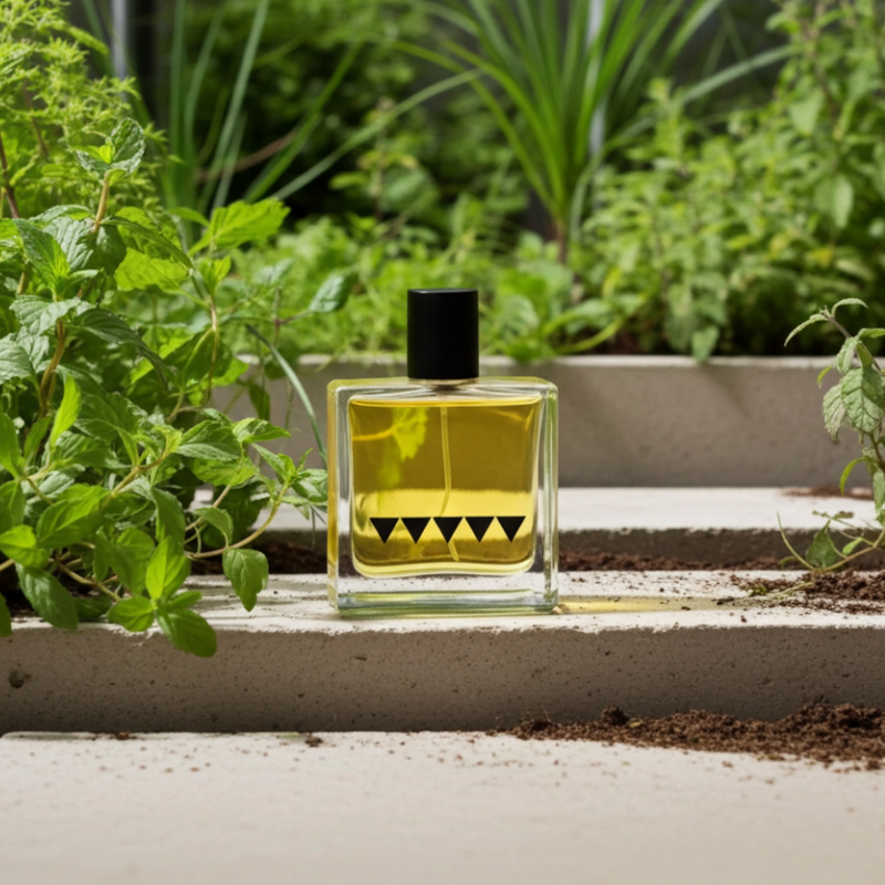 Perfume bottle with geometric design on a concrete surface surrounded by green plants