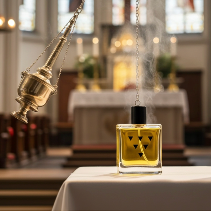 Perfume bottle with smoking device on a table in a church setting
