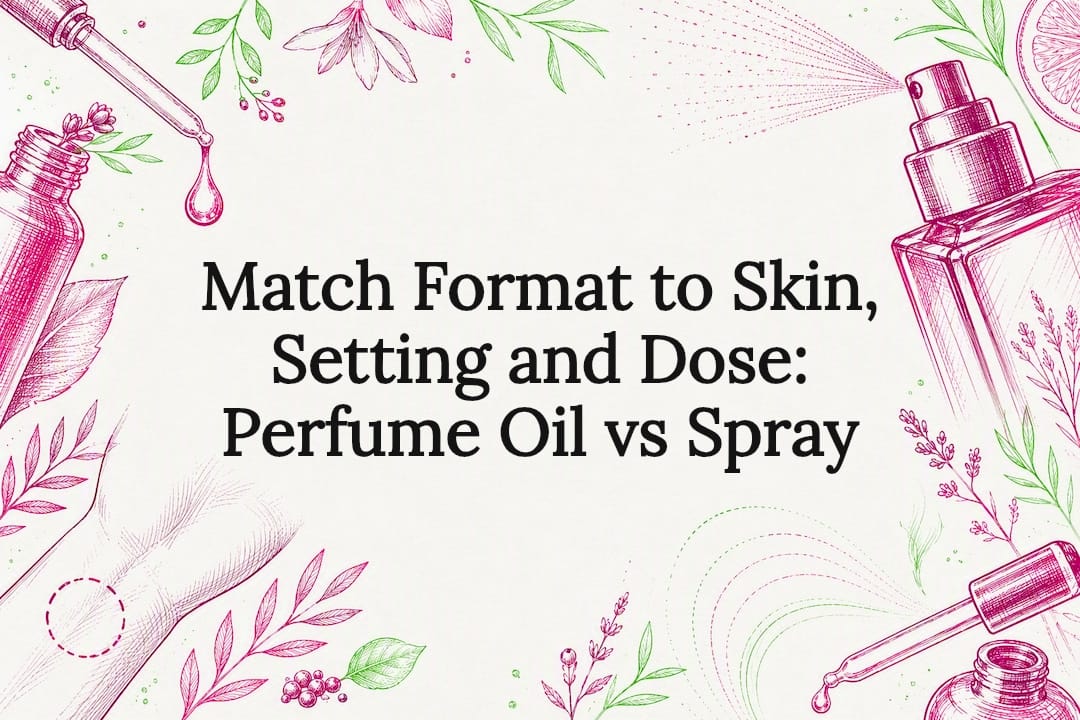 Decorative perfume oil and spray title card