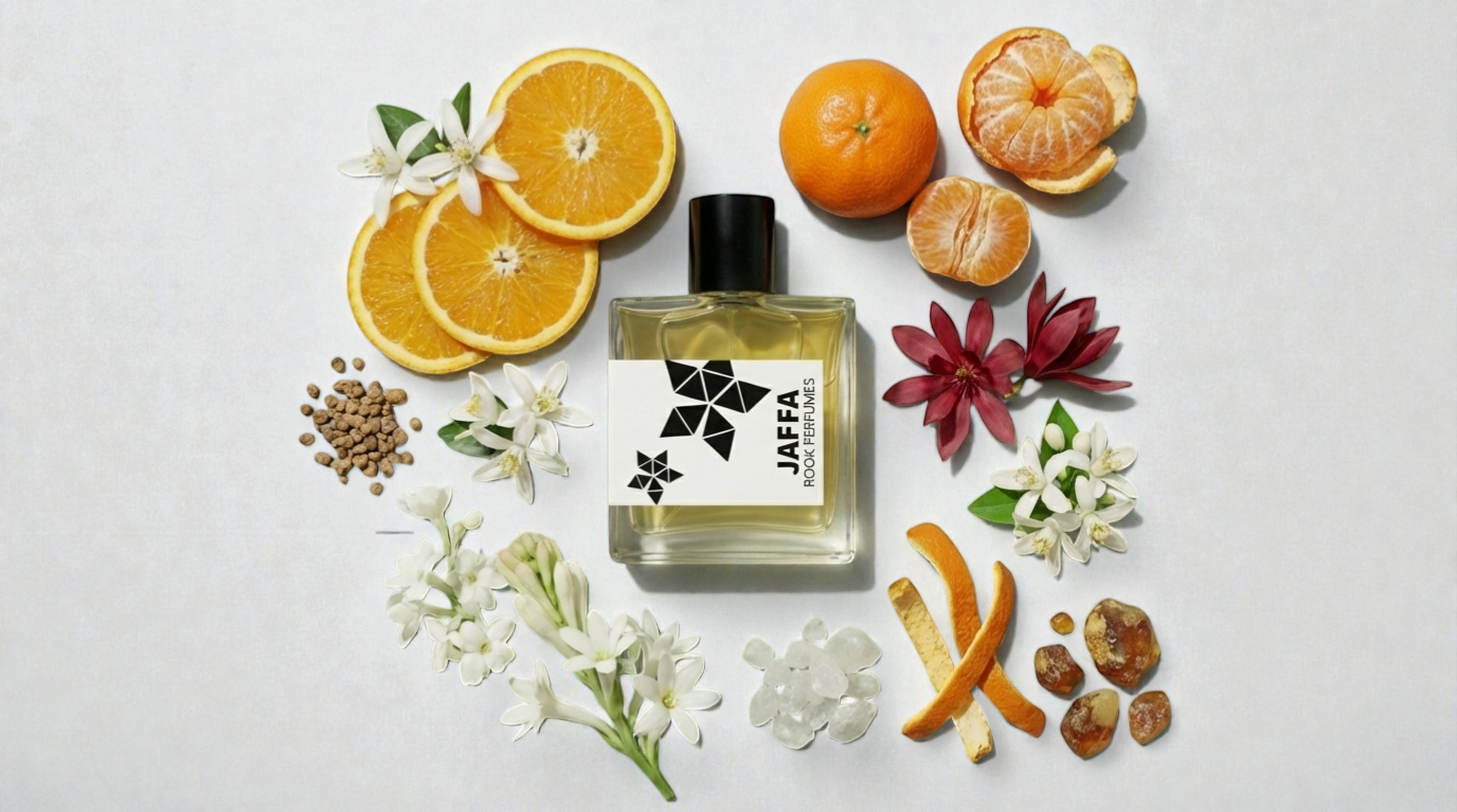 Jaffa Eau de Parfum 30ml by Rook Perfumes, featuring a vibrant orange blossom citrus scent in an elegant bottle.