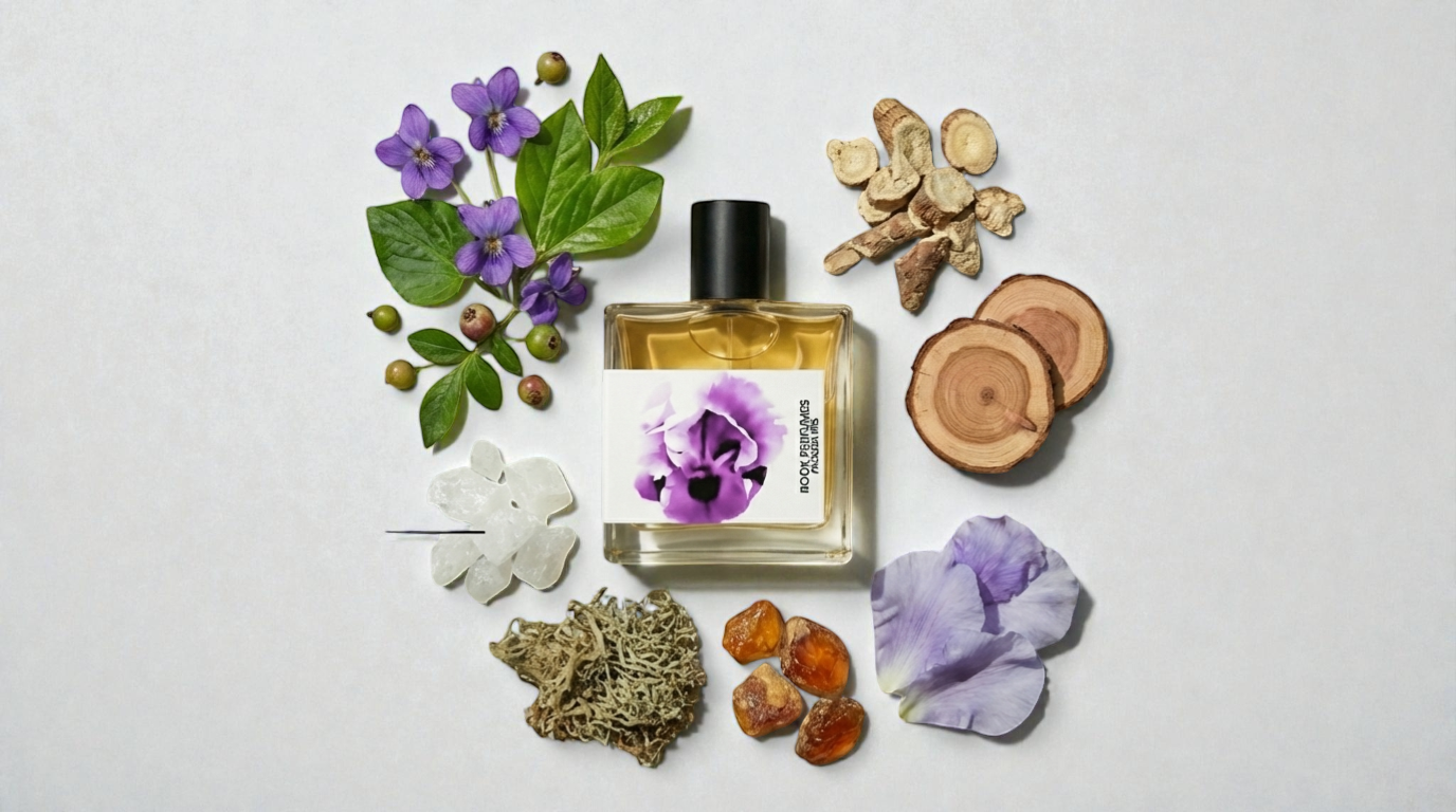 30ml bottle of Faqqua Iris fragrance by Rook Perfumes, featuring notes of royal iris and oak moss.