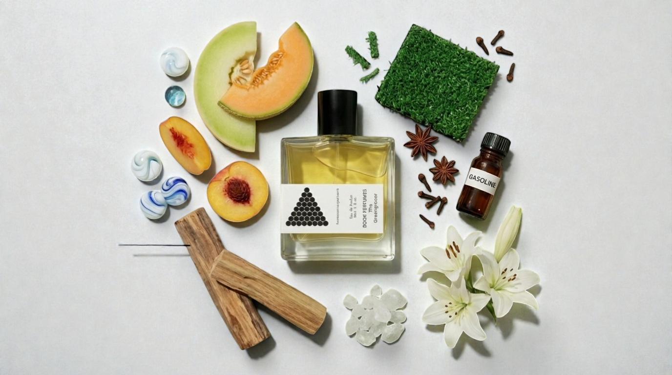 ROOK PERFUMES The Greengrocer Eau de Parfum 30ml bottle featuring peach, lily, and gasoline notes against a neutral background.
