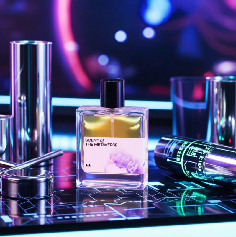 Perfume bottle labeled 'Scent of the Metaverse' on a futuristic surface with colorful lights.