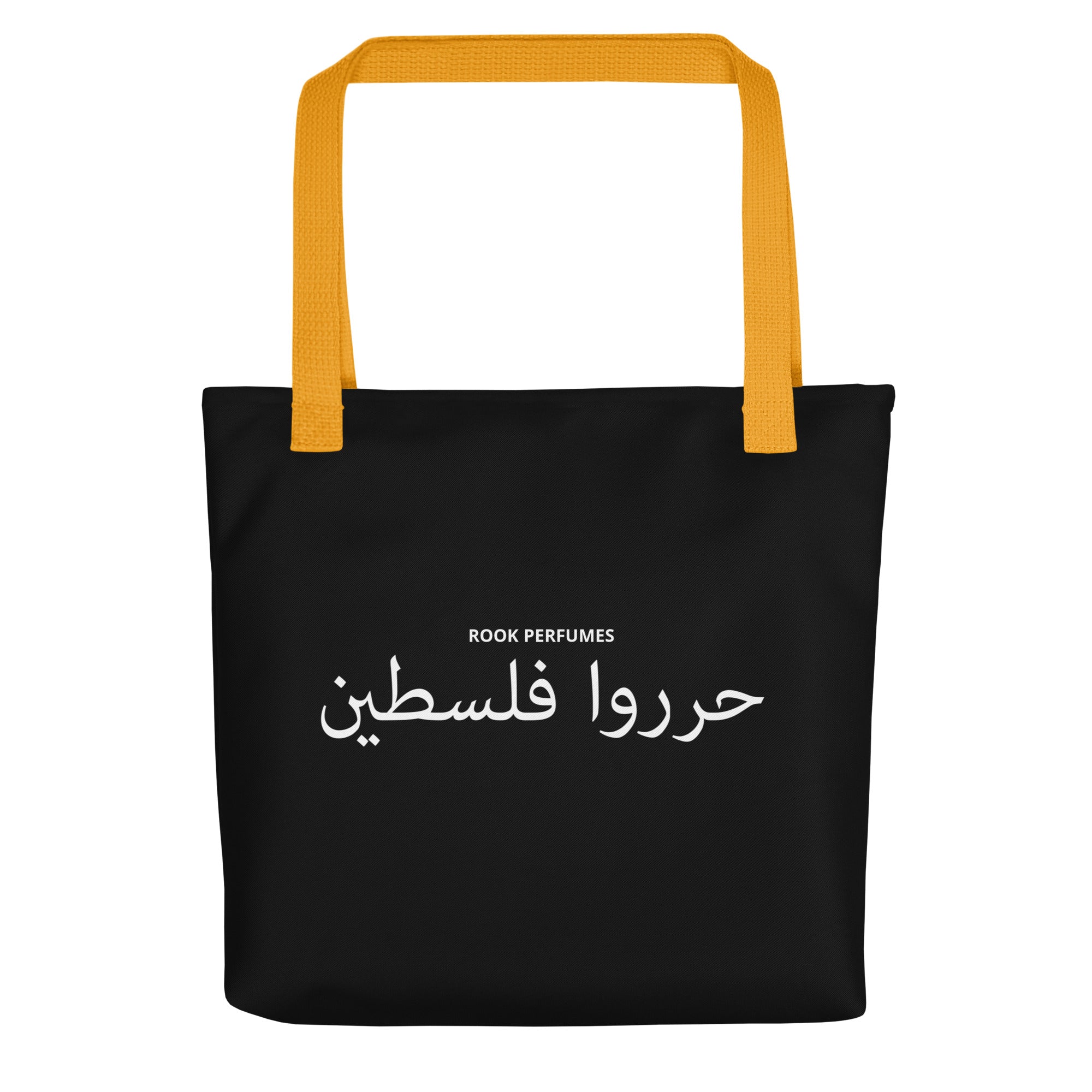Filastin Hura tote bag featuring "Free Palestine" design by Rook Perfumes London, made from durable fabric.
