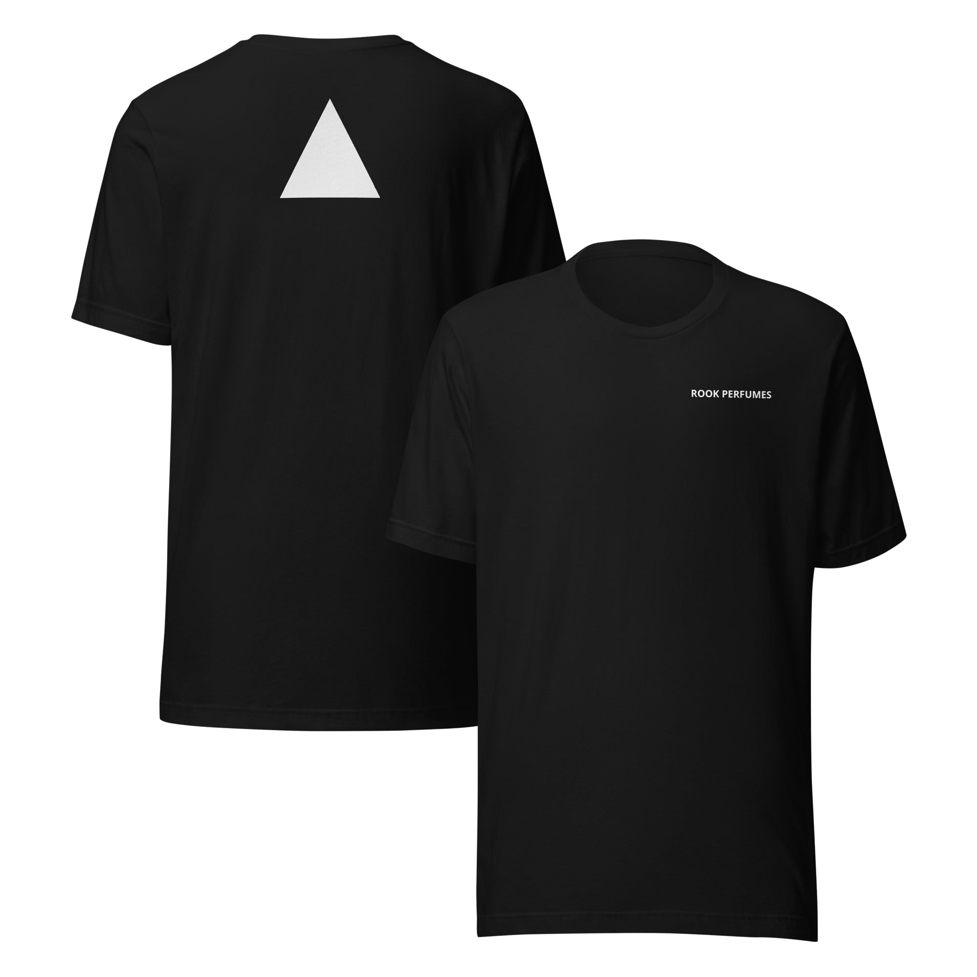 Rook unisex t-shirt in black with a minimalist design and the Rook Perfumes London logo displayed prominently.