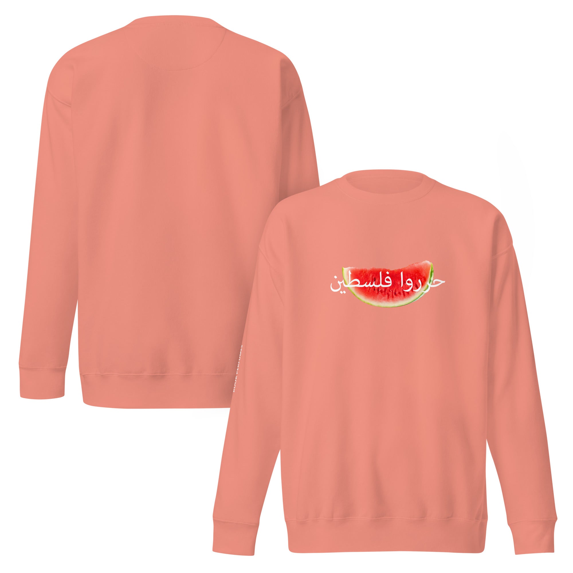 Unisex premium watermelon sweatshirt by Rook Perfumes London in vibrant colors, showcasing a relaxed fit and soft fabric.
