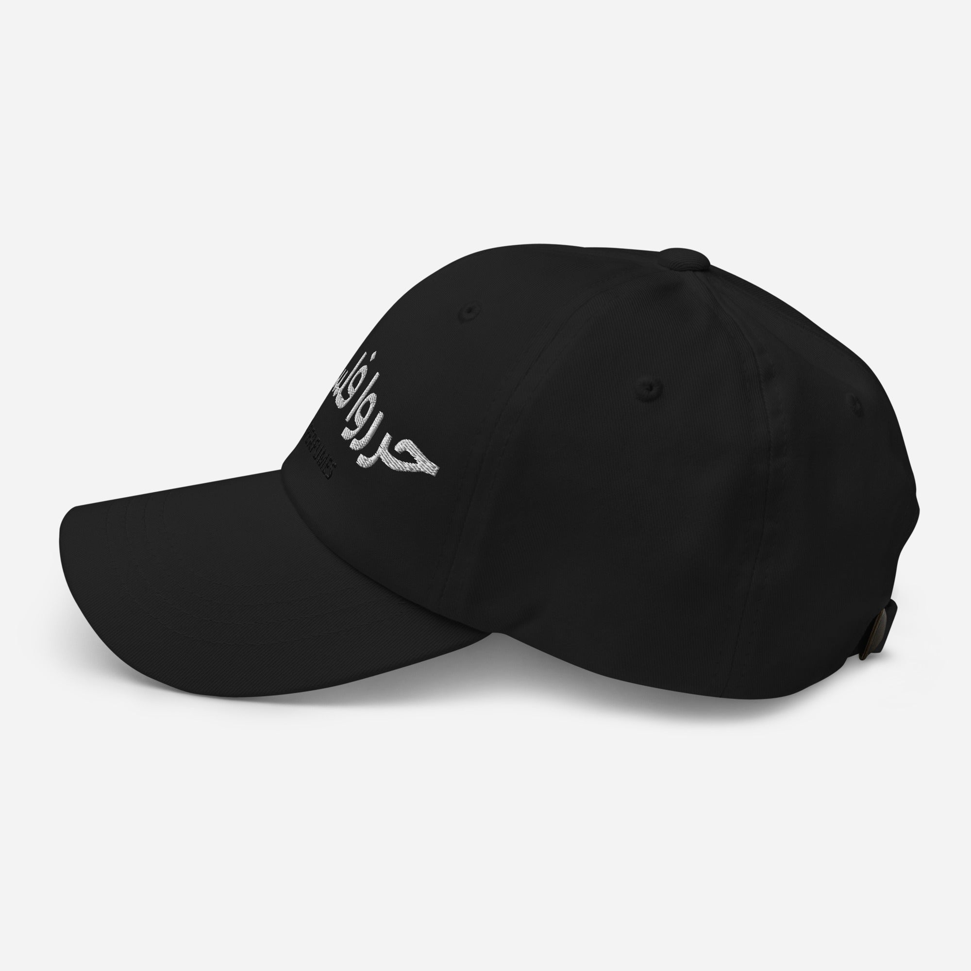 Black cap featuring "Free Palestine" text, designed by Rook Perfumes London, suitable for unisex wear.