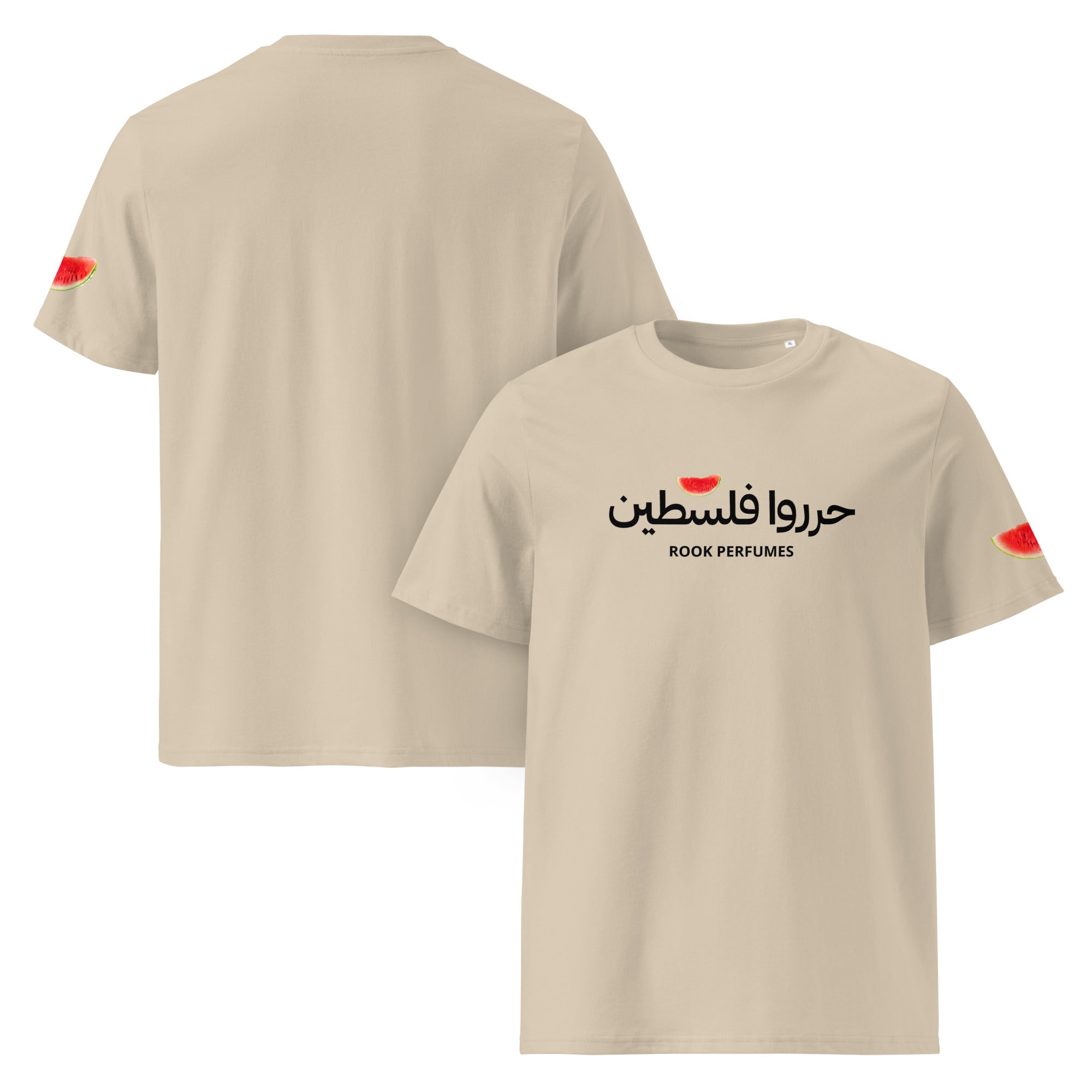 Watermelon Free Palestine T-Shirt by Rook Perfumes London featuring a vibrant watermelon graphic on a unisex tee.