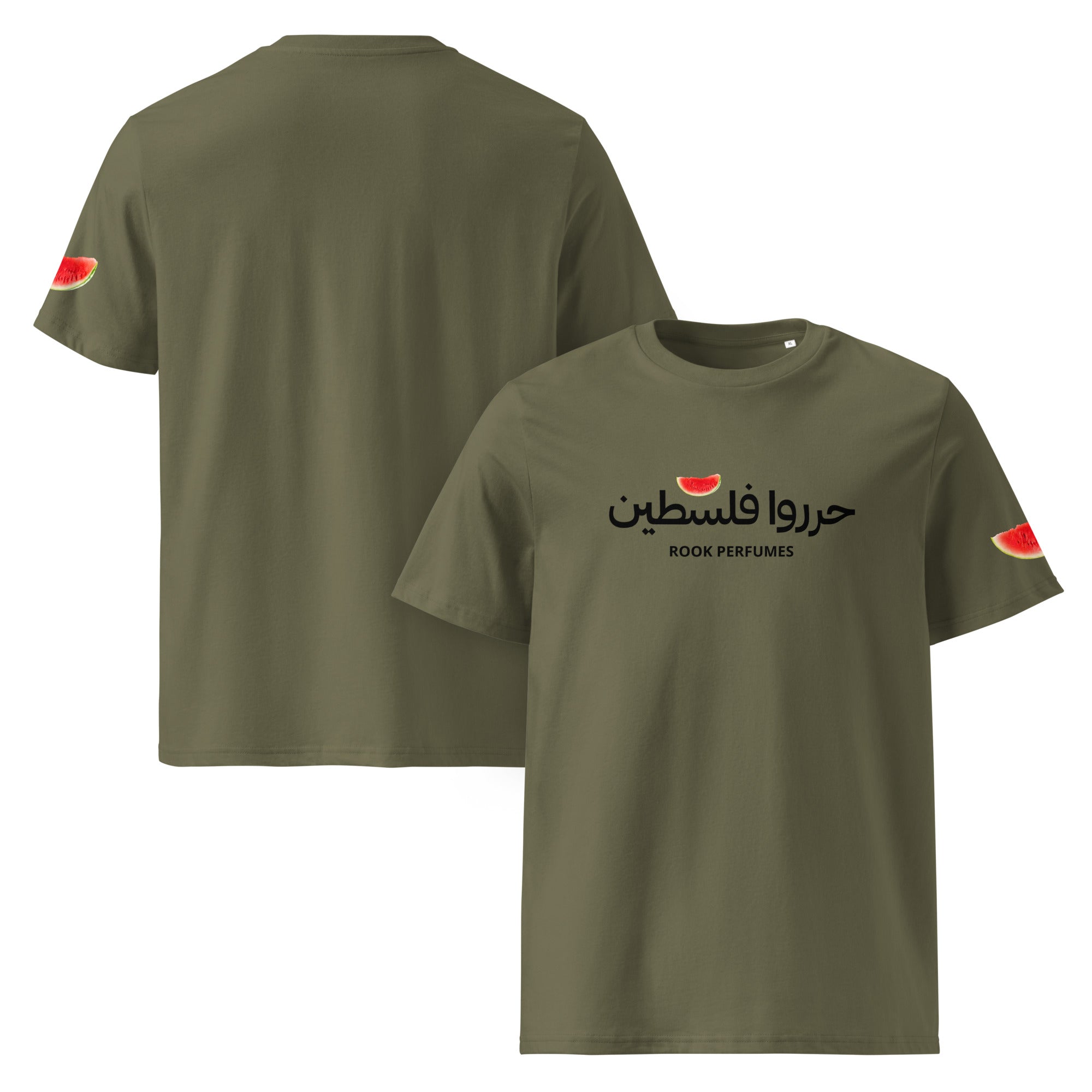 Unisex Watermelon Free Palestine T-Shirt by Rook Perfumes London featuring vibrant watermelon graphic design.