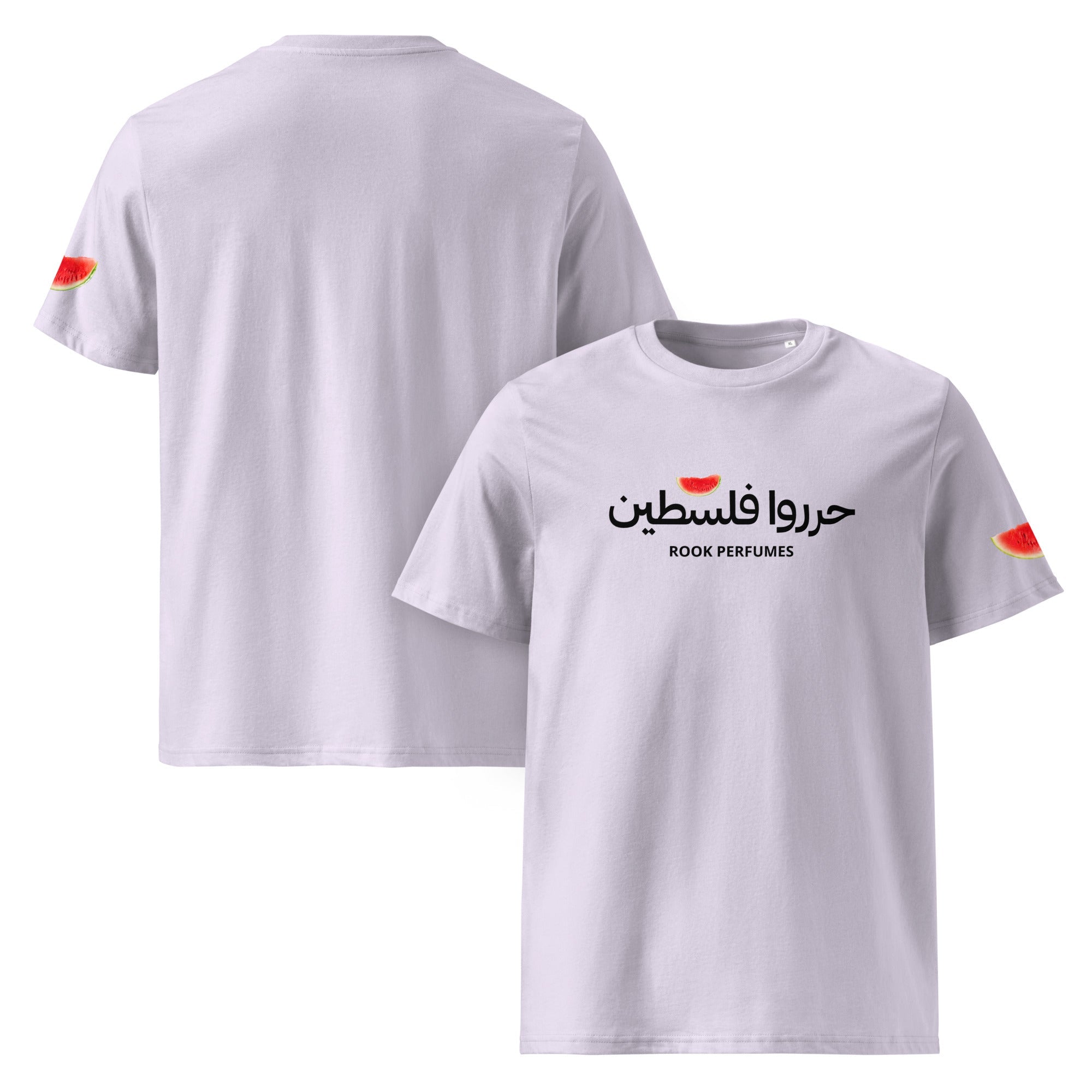 Watermelon Free Palestine T-shirt by Rook Perfumes London, featuring vibrant colors and a bold graphic design.